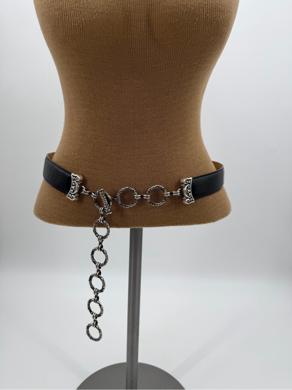 Barse Leather Chain Belt Silver Scrollwork Boho Western Size M